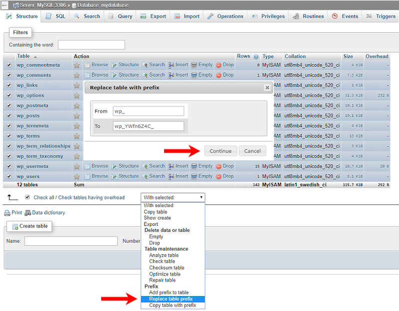 Change Table Prefix phpMyAdmin