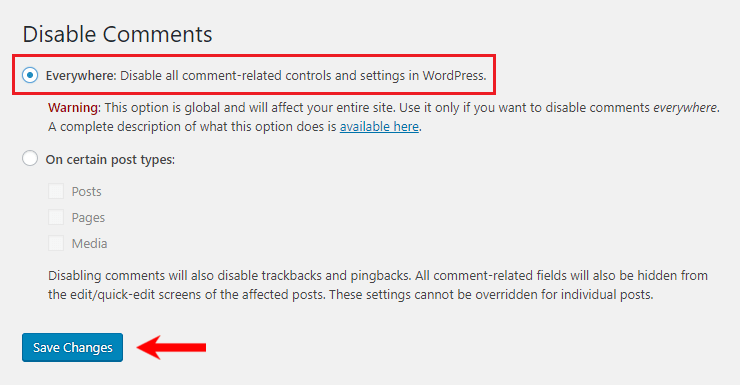 Disable Comments Plugin Settings